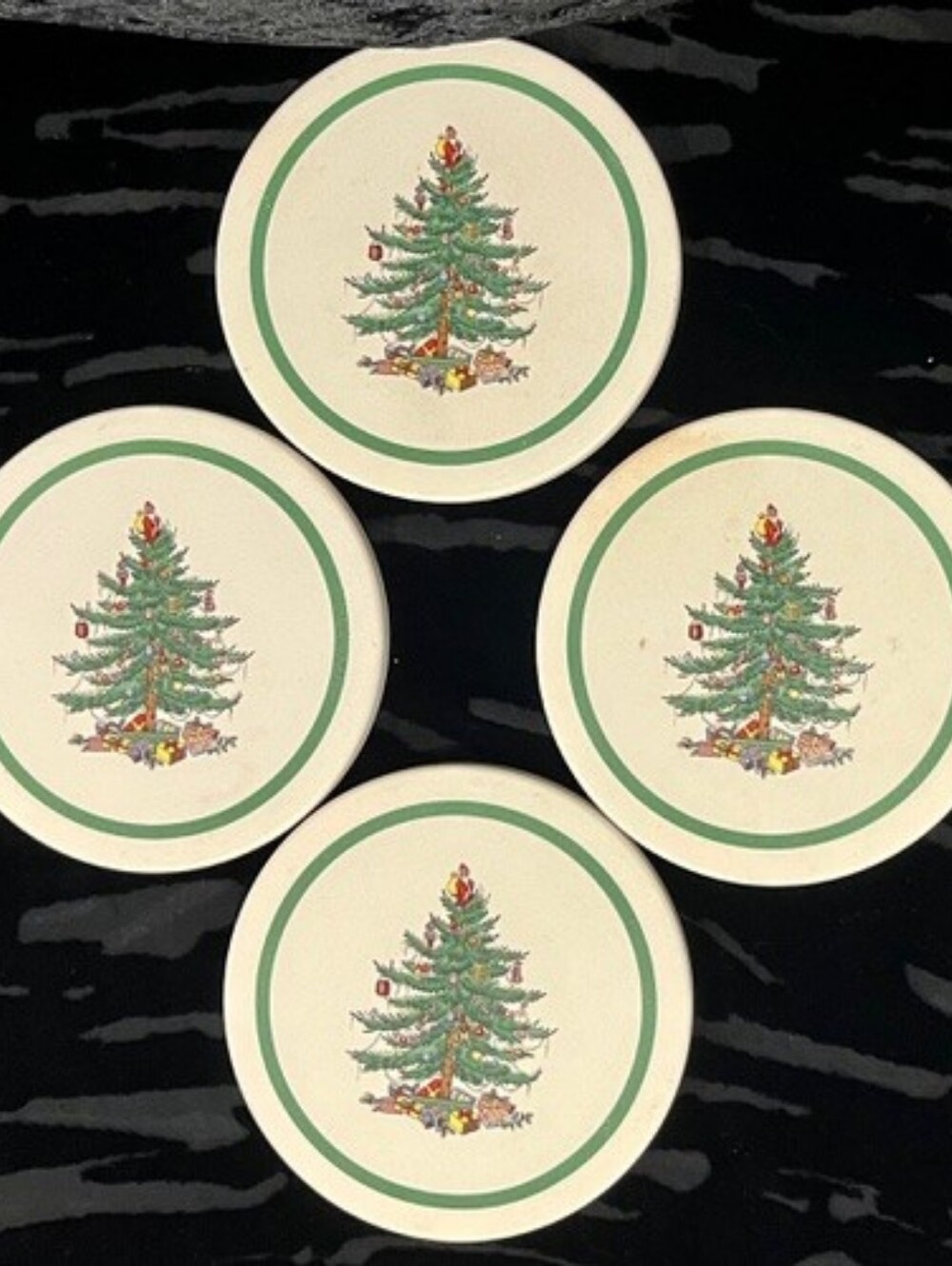 Spode Christmas Tree Absorbent Stone Coasters Set/4  Cork Back Vintage Holiday